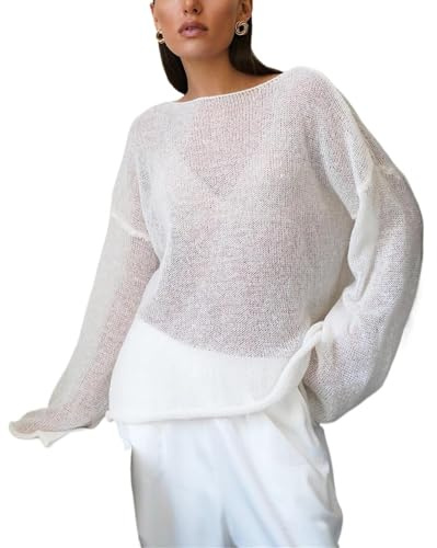 Pull d'été ample pour femme, pull ajouré, pull en maille transparente pour femme, blanc, M