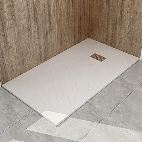 WITEN&NOCK flache SMC Duschtasse 160x90cm Steinoptik Anti-Rutsch 32mm weiß | Ø90mm DIN-Anschluss, bruchfest, zuschneidbar, Vielseitige Montage, hygienisch, einfach zu reinigen für Duschkabine Duschwand