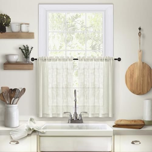 ANAZOZ Scheibengardinen 63.5 cm Breit, Bistrogardine 2er Set Modern Einfarbig Beige Leinenoptik, Fenstervorhang Stangendurchzug 63.5x78cm