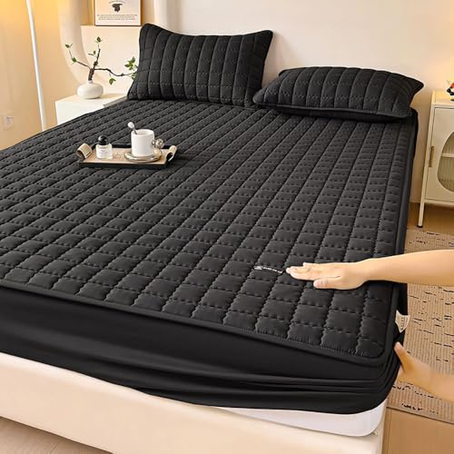 Highdi Spannbettlaken Wasserdichtes, Warm Baumwolle Spannbetttücher Auslaufsicheres TPU Spannbetttuch, Weiche Spannleintuch Bettlaken für Hohe Matratze Steghöhe 5-30cm (160x200cm,Schwarz)