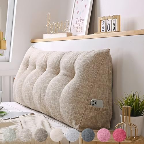 Rückenkissen Bett 200cm Khaki, Groß Bettkissen Rückenlehne, Dreieckige Keilkissen Bett Kopfteil Kissen, Baumwolle Leinen Rückenstützkissen Keil Lendenkissen, Waschbar Rückenpolster für die Wand