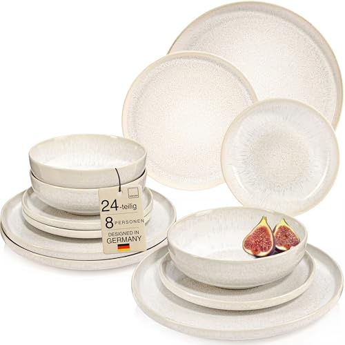 SÄNGER Korfu Geschirrset 8 Personen, Teller Set 24-tlg, Creme, Beige | Handmade steingut geschirr set, Ess-, Dessert- & tiefe Teller, spülmaschinengeeignet, mikrowellenfest, service & geschirrset
