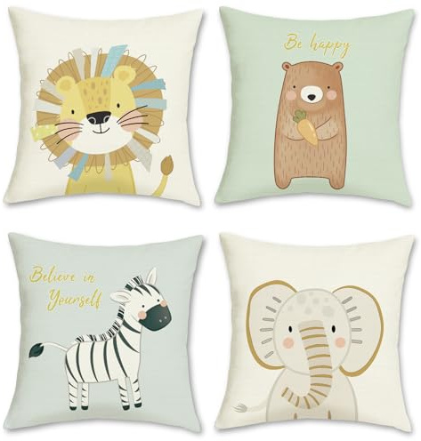 Bonhause Cartoon Animals Cushion Covers 45 x 45 cm Lion Bear Zebra Elephant Polyester Linen Decorative Throw Pillow Covers for Sofa Couch Bed Home Patio Outdoor Decor Set of 4