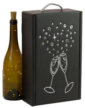 ONLY BOXES Lot de 4 boîtes élégantes pour 2 bouteilles de vin Cava avec poignée, carton recyclé, impression verres argentés