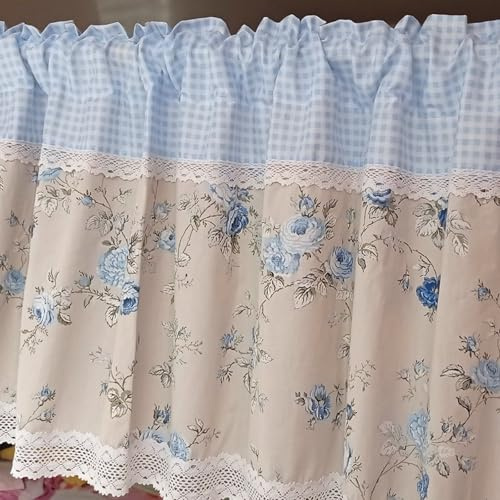 A.Monamour Gardine Scheibengardinen Kurzstores Bauernhaus Baumwolle Blau Weiß Kariert Vintage Floral Weiß Spitze Kurzgardinen Küchengardine Volants Küche Fenster Cafe Kurz Vorhang Bistrogardine