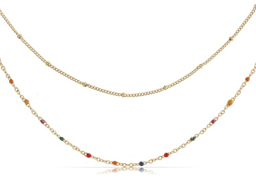 Made by Nami Zweireihige Perlenkette Layered Halskette Damen Gold mit bunten und goldenen Perlen aus Chirurgischem Edelstahl 40 + 5 cm Boho Schmuck Damen Hypoallergen & Wasserfest