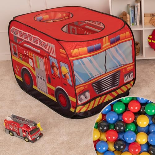 Selonis Play Tent Fire Engine 200 Balls For Kids Pop Up Toy Playhouse For Boys Girls Foldable Role With Roof Hole Carry Bag Ball Pit Compatible Sensory Easy Assembly