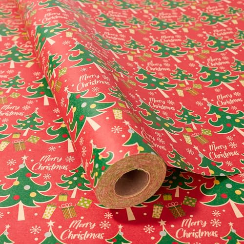 Weihnachts-Geschenkpapierrolle, 43 cm x 15 m, Kraftpapier, Weihnachtsgeschenkpapier für Weihnachten, Party, festliche Dekorationen (roter Weihnachtsbaum)