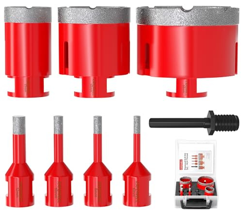 KAFUWELL 8 Pcs M14 Foret Carrelage Diamant, Scie Cloche Carrelage, TrépanCarrelage, Ø 6/8/10/12/35/50/68mm avec Adaptateur, Brasé Sous Vide, pour Porcelaine Carrelage Granit Marbre, Meuleuse d’Angle