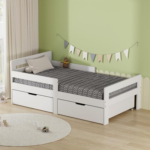 AVC Designs Junior Wooden Bed Toddler Solid Pine Wood Modern Children Kids Junior Bed Frame White With Storage