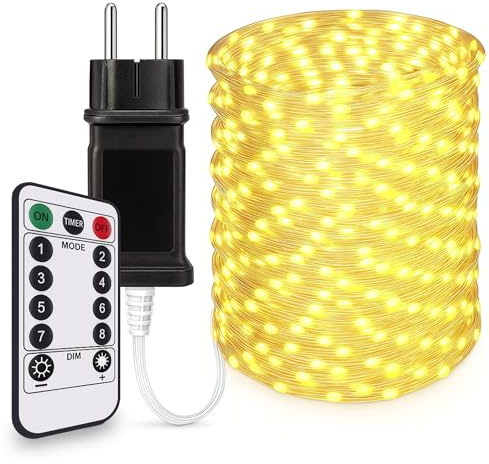 Luci Natale Esterno LED 15Metri-150LED Bianco Caldo Impermeabili, Luci Albero Di Natale 8 Modalità, 6 Luminosità, Con Telecomando e Cip Timer & Memoria, Luci Natalizie Da Esterno ed Interno IP44