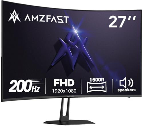 Amzfast 27 inch 200Hz Curved Gaming Monitor, FHD 1080p with Built-in Speakers, FreeSync, MPRT 1ms, 130% sRGB, 3000:1, 1500R, VESA Mount, HDMI 2.0&DP 1.4, 12 Months Warranty Exchange