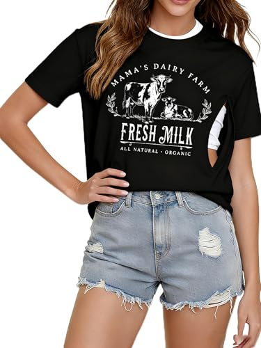 UNIQUEONE Comfort Breastfeeding Shirts for Women Zip Nursing Tops Casual Distressed Acid Washed Maternity Tees