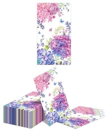 Kotkiddy 40 Serviettes Hortensia 33x33cm Violette Jetables en Papier Fleurs Papillon Serviettes Invités Décoration de Table pour Mariage Anniversaire Fête