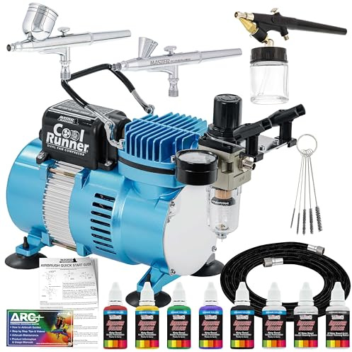 3 Airbrush-kit med 6 amerikanska konsttillbehör primära Airbrush-färger och Master Airbrush TC20 Pro Airbrush-kompressor – luftfilter/regulator – airbrushhållare – 2 gravitationsmatning dubbla