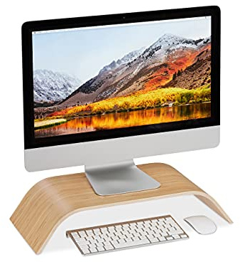 Relaxdays monitorstativ i bambu, böjd skärmhöjning för skrivbord, ergonomisk, HBT 10x52,5x24 cm, natur