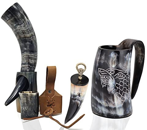 Viking Drinking Horn Mug Set (6 Pcs. Set) Tankard, Leather Strap, Bottle Opener, Shot Glass, 16 Oz. Dire-Wolf Engraved