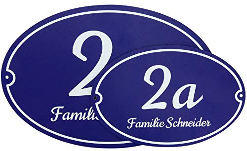 Hausnummer Schild blau 21x14 oval mit Nummer und Name Bedruckt