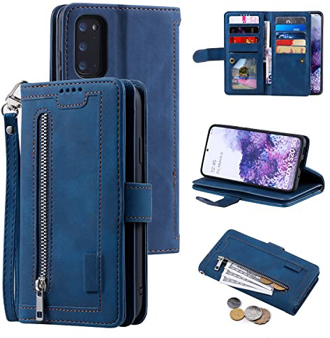 EYZUTAK Handyhülle für Samsung Galaxy S20 FE 5G Hülle,Flip Case Lederhülle Reißverschluss Magnetverschluss Brieftasche mit 9 Kartenfächern Standfuntion Retro Matt Ledertasche-Blau