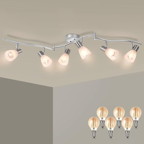 Unikcst 6 Flammig Deckenstrahler E14 LED Deckenlampe Chrom | Schwenkbar 350°, Glas Lampenschirm, Modern Deckenspots Schlafzimmer Flur Wohnzimmer, mit 6x 4W Leuchtmittel Warmweiß