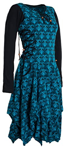 Vishes - Alternative Bekleidung - Langarm Damen Jersey-Kleid Blumenkleid Schnürung V-Ausschnitt türkis 42