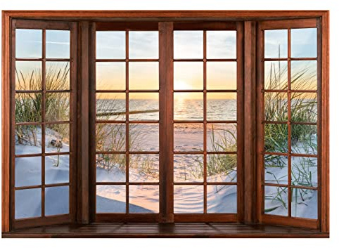 Papel Pintado Ventana Efecto 3D Playa Mar Salón Dormitorio - Incluye Pegamento - Fotomurales Pared Tejido No Tejido Decorativos Murales Fotográfico Moderno Decoración de Paredes (416x254 cm)