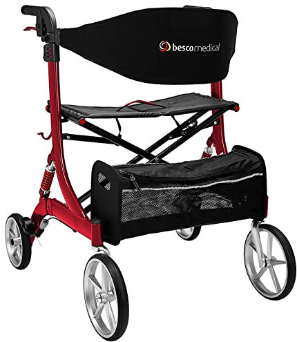 Besco Medical Rollator Spring XL - Hochbelastbar bis 240 kg, Alu-Leichtgewicht mit Komfort-Federung - breiter Sitz, höhenverstellbar & faltbar - inkl. Rückengurt & Netztasche - Modell L Bordeaux