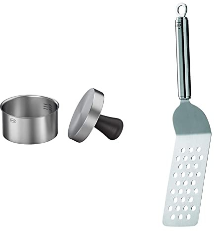 RÖSLE Burgerpresse PRO, Hochwertige Fleischpresse zum einfachen Formen von Burgerpatties, Edelstahl 18/10, 11 cm, 12 x 12 x 9 cm & Burger Wender, Hochwertige Burger Palette mit Lochung
