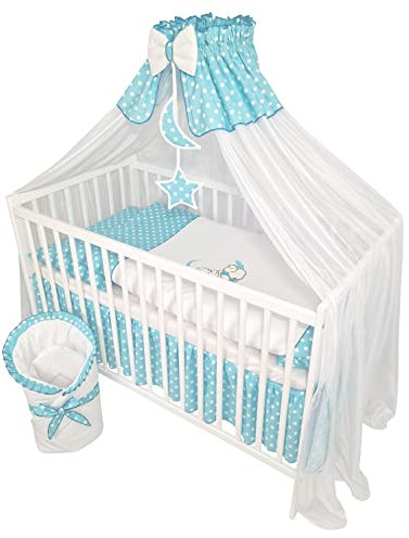 Bello24 - 11 Teiliges Kinderbettwäsche Babybettwäsche Komplettset ohne Bett Bestickt mit Teddybär auf dem Mond Azurblau (100x135 cm)