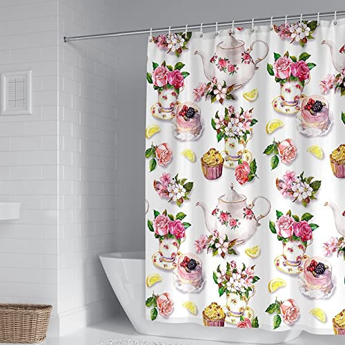 Aotiwe Duschvorhang Badewanne Groß, Haken Duschvorhang Rosentassen und Teekannen Muster Polyester 180X180cm