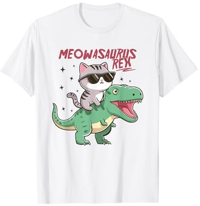 Cat Riding Dinosaur Funny T-Rex For Girls Boys T-Shirt