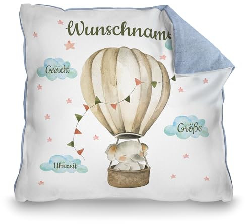PR Print Royal Personalisiertes Kissen zur Geburt - Elefant im Heißluftballon - Geschenk zur Geburt mit Name und Geburtsdaten Personalisieren | 40 x 40 cm, Rückseite Pastellblau