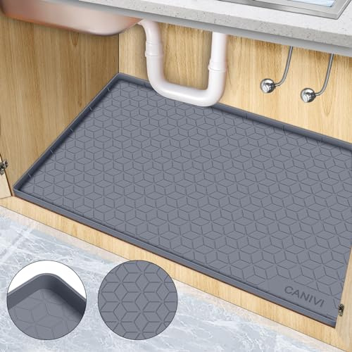 CANIVI Under Sink Mat, 34 x 22 Waterproof Silicone Under Sink Tray for Kitchen & Laundry Cabinets, Kitchen Cabinet Shelf Protector, Up to 3.3 Gallons Liquid, Fits 36 inch Standard Cabinet(Grey)