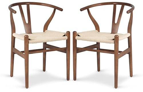 Poly & BARK Weave Dining Chairs – Mid-Century Modern Wishbone Dining Chairs with Arms, Solid Wood Frame, Indoor Use – Walnut– Set of 2 - Ideal for Dining Room, Kitchen or Stylish Accent Setting