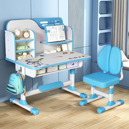 tinysiry Ensemble bureau et chaise d'étude pour enfants, table d'école réglable en hauteur avec grand tableau, étagère et tiroir, chaise de bureau ergonomique avec motif astronaute, bleu