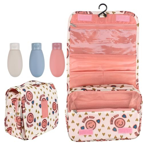 Neceser de Viaje Colgable para Hombre y Mujer con Botes Reutilizables, Organizador de Maquillaje y Aseo Impermeable con Compartimentos, Color Smile Pink - Pakana®