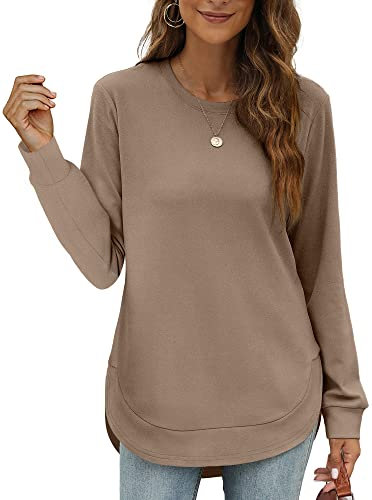 XIEERDUO Sweatshirt Pullover Damen Langarmshirt Herbst Winter Winterpullover Elegant Tunika Tshirt Oberteile Top Kaffee 2XL
