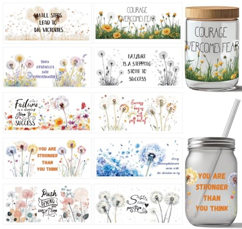 arricraft 10 Stück UV DTF Cup Wrap Transferaufkleber 10 Stile Inspirierende Worte Löwenzahn Transferpapier „Affirm Yourself“ Aufkleber Zum Aufreiben PVC Becherfolie Wasserfeste Aufkleber