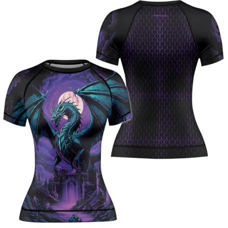 FORMONIES Women's Dragon BJJ MMA Rash Guard Short Sleeve Compression Shirt No Gi Jiu Jitsu Tops for Women (US, Alpha, Large, Regular, Regular, V4)