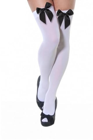 Ladies Girls Halloween Bloody Stripe Stockings, Womens Thigh High Hold Up Lace Satin Bow Stocking – Over Knee Long Socks Fancy Dress Party Props, White Holds Up Stockings With Black Bow