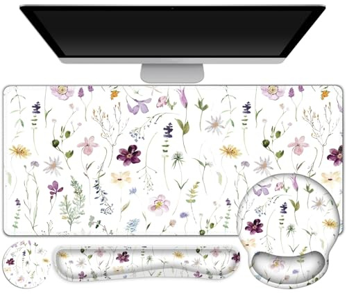 Gaming Mouse Pad, Large Desk Mat, Cute Desk Pad Protector, 4in1 XXL Mousepad + Keyboard Wrist Rest+Mouse Wrist Rest+Coaster Set with Ergonomic Desk Pad for Home Office Computer, Purple Flower Plants