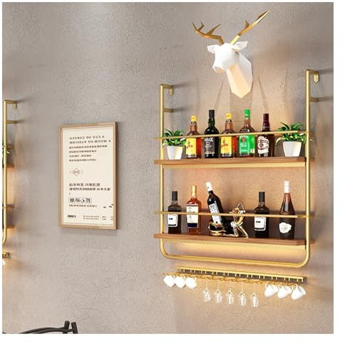 Botellero Vino Pared con Luces Vinoteca Mueble Bar Garrafeira Mini Bar Wine Rack Mueble Comedor Estanteria Cocina Pared con Colgador Copas con Decoración de Cabeza de Ciervo para Cocina Bar(Gold,80*15