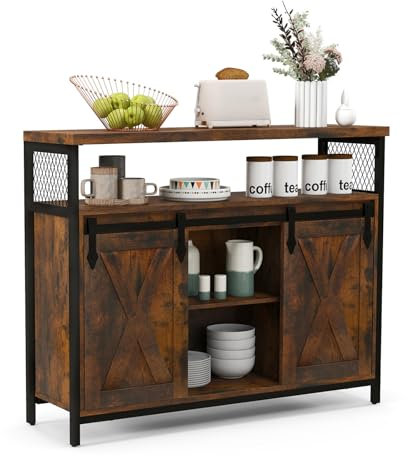 Buffet industriel rustique avec portes coulissantes et étagères réglables pour cuisine et salle à manger