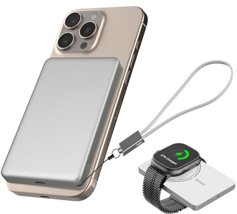 JUOVI Trådlös Power Bank 5000mAh Magnetisk Powerbank för Magsafe Trådlöst Externt Batteri PD 20W med USB-C Snabbladdning Bärbar Laddare Kompatibelt med Airpods i-Watch iPhone16 15 (Vita, 20W) | Bärbara laddare mini externt batteripaket med USB C-kabel, externa mobiltelefonbatterier för iPhone 17 16 15 Pro Max i-Watch