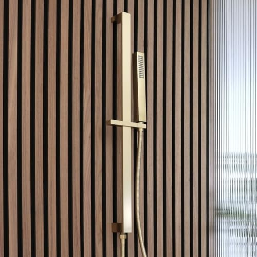 MILANO Square Hand Shower Hose Integrated Elbow Riser Rail Brushed Brass
