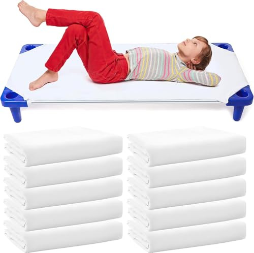 Lot de 10 Draps-Housses pour Lit de Camp pour Crèche, Taille Standard 23 x 51, Drap Respirant pour la Sieste à la Maternelle avec Élastiques aux Coins, Polyester, Blanc
