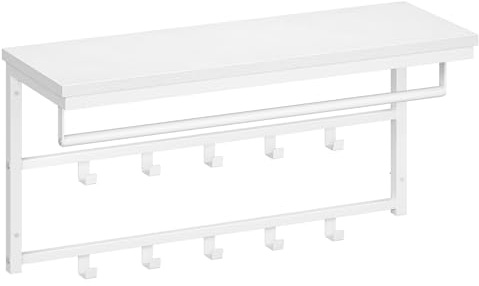 HOOBRO Wandgarderobe mit Ablage, Wandregal mit 10 Haken und Stangen, Wandmontiertes Hängeregal, 80 x 30 x 42 cm, für Wohnzimmer, Schlafzimmer, Badezimmer, Weiß EWT12YM01