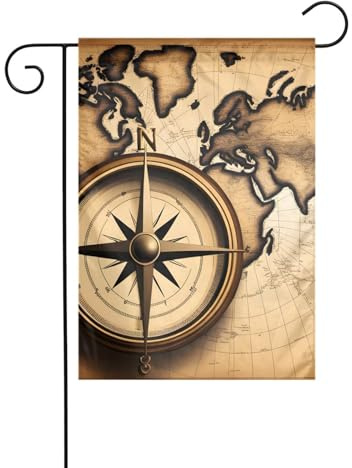WHJSHOP Drapeau de jardin boussole et carte du monde 30,5 x 45,7 cm pour décoration de cour avec une largeur de poteau de 3 cm (drapeau uniquement, mât non inclus)