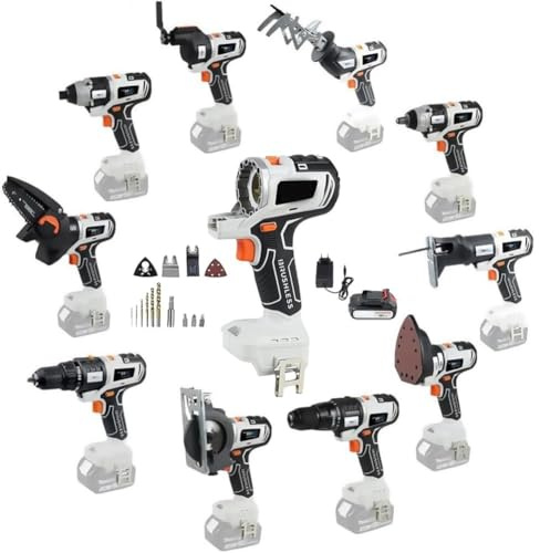 Cordless Power Tool Combo Kit - 10 in 1 Woodworking Tool Set with 4.0AH Battery, Reciprocating Saw, Jig Saw, Circular Saw, Chainsaw, Oscillating Tool, Screwdriver, Wrench, Impact Drill, Sander