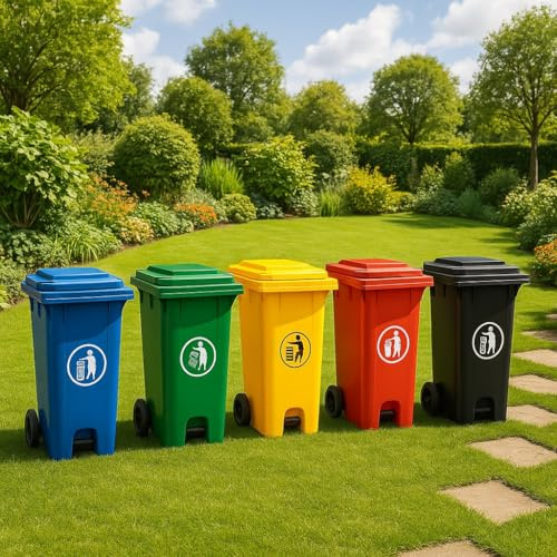 DUAS Outdoor Wheelie Bin Trash Can Large 100L & 120L EN840 Certified Rubbish Waste Dustbin with Lid, Rubber Wheels, and Steel Axle – Durable for Home Workplace and Commercial Use (Pedal Yellow, 120L)